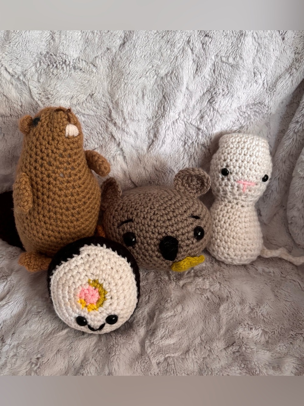 Handmade Crochet Animal & Sushi Lot - 4 Count
